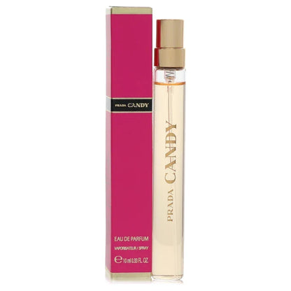 Prada Candy Eau de Parfum signature luxury clear glass cylindrical architectural flacon wrapped in a vibrant pink textured band displaying bold brand typographic text markings, capped with an elegant glossy black half-moon atomization trigger configuration detail against a solid backdrop