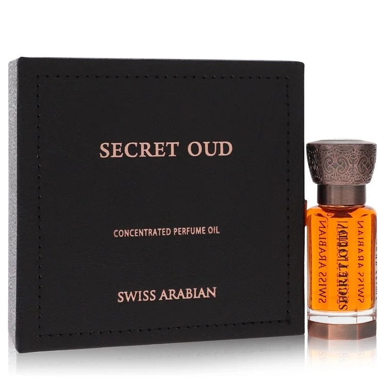 Swiss Arabian Secret Oud concentrated perfume oil with black packaging on a white background