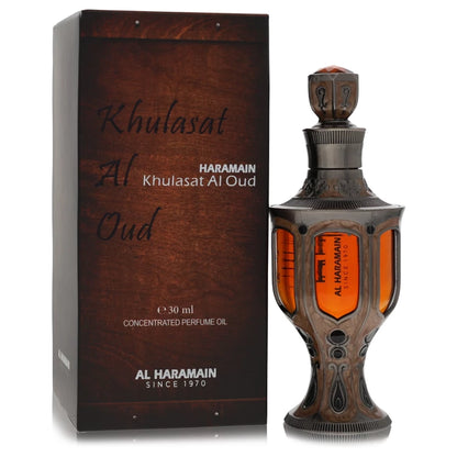 Al Haramain Khulasat Al Oud perfume bottle and packaging on a white background