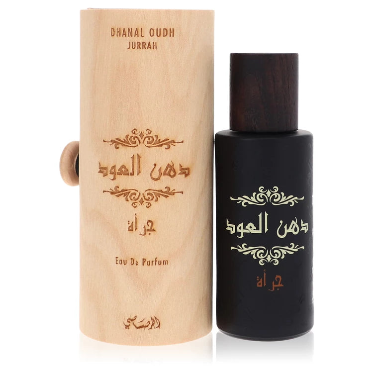 Rasasi Dhanal Oudh Jurrah Perfume bottle — Oud Woody Oriental unisex fragrance with saffron, rose, jasmine, sandalwood, guaiac wood, thyme, vetiver, amber, and musk