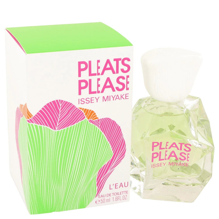Pleats Please Issey Miyake L'Eau perfume bottle and packaging on a white background
