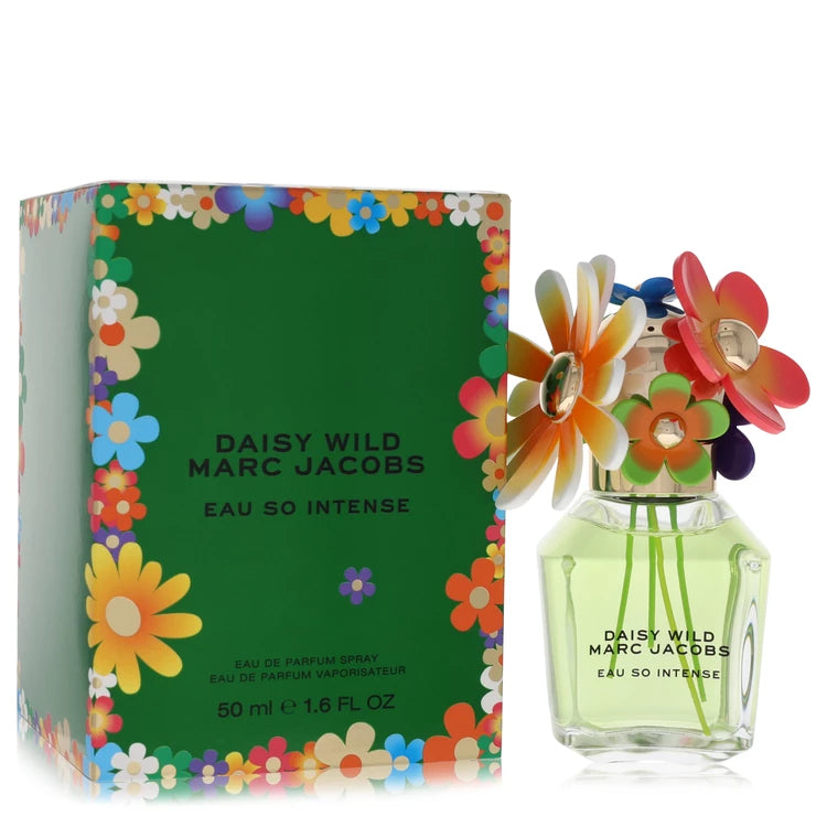 Marc Jacobs Daisy Wild Eau So Intense Eau de Parfum bottle - Women's floral fresh woody fragrance with green notes, bright citrus, wildflowers, jasmine, warm woods, creamy musk, and amber