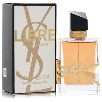 Yves Saint Laurent Libre Flowers & Flames Eau de Parfum Florale bottle — warm solar floral women's perfume with lavender, bergamot, desert lily, coco-palm flower, orange blossom, and Bourbon vanilla notes.