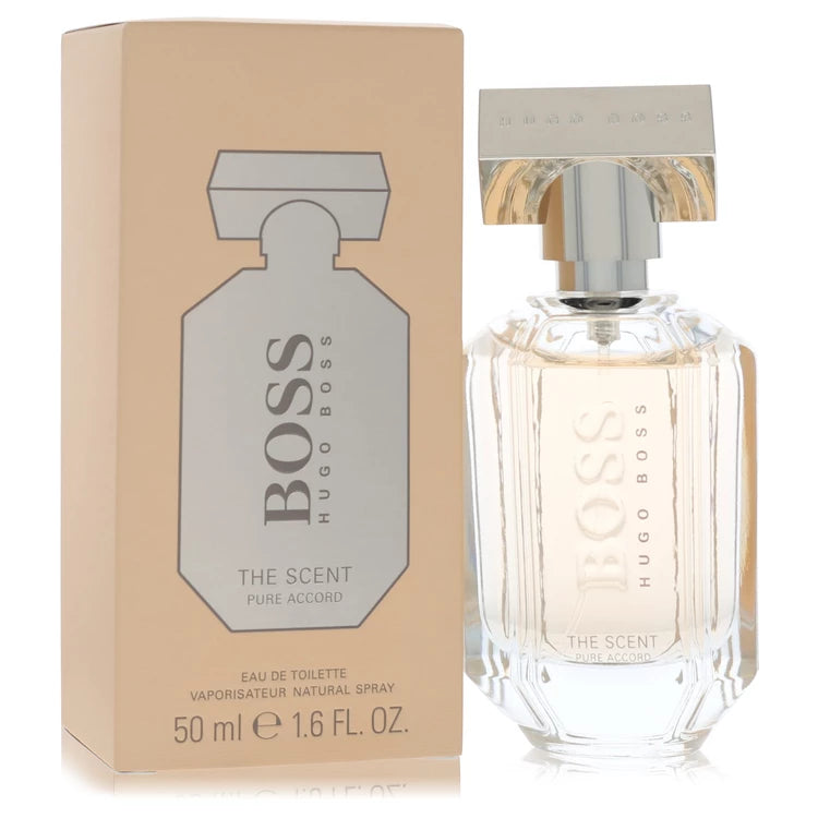 Hugo Boss Boss The Scent Pure Accord Perfume signature luxury light-filled clear glass flacon displaying its premium fluid contents, architectural metal cage detailing, and elegant capping architecture on a clean background