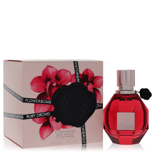 Viktor & Rolf Flowerbomb Ruby Orchid perfume bottle and packaging on a white background