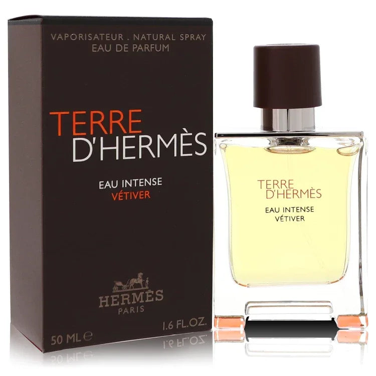 Hermes Terre d'Hermes Eau Intense Vetiver perfume bottle and packaging on a white background