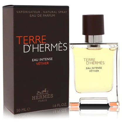 Hermes Terre d'Hermes Eau Intense Vetiver perfume bottle and packaging on a white background