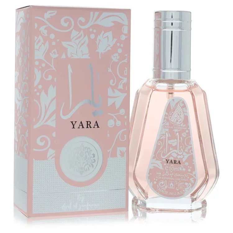 Lattafa Yara Perfume bottle — amber vanilla women's fragrance with orchid, heliotrope, tangerine, gourmand accords, tropical fruits, vanilla, musk, amber, and sandalwood