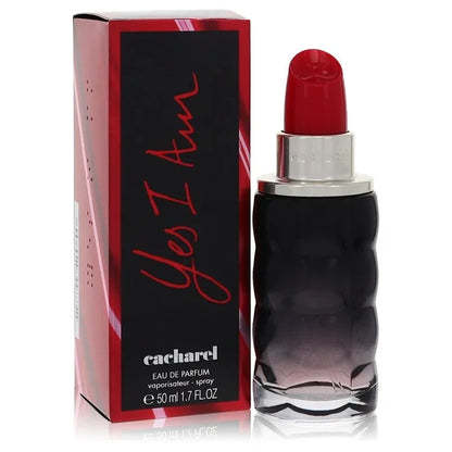 Cacharel perfume bottle and packaging with red cap and black design on a white background