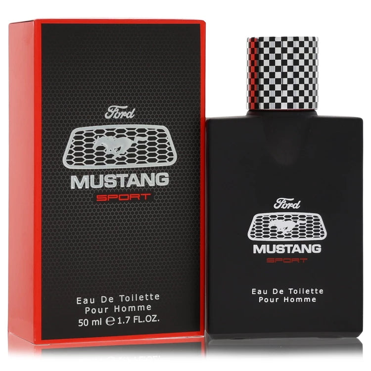 3.4 oz Mustang Sport Cologne bottle - woody spicy men's Eau de Toilette with bergamot, grapefruit, black pepper, cardamom, sandalwood and musk
