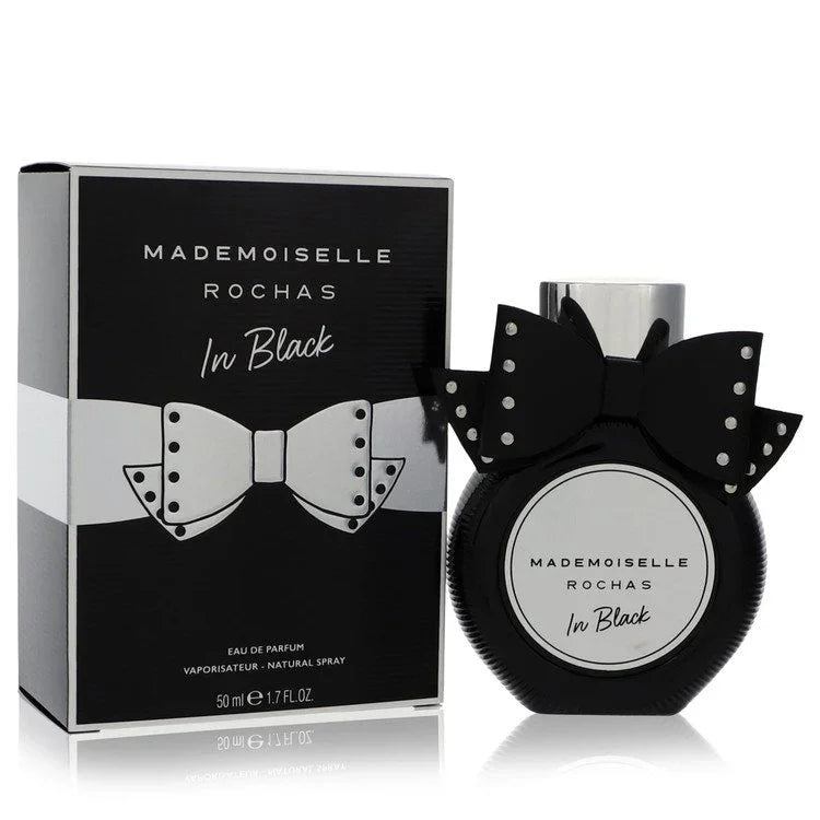 Mademoiselle Rochas In Black perfume bottle and packaging on a white background