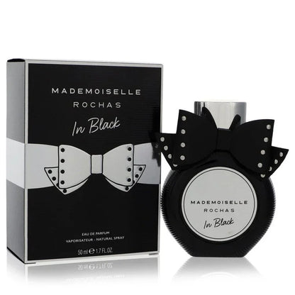 Mademoiselle Rochas In Black perfume bottle and packaging on a white background