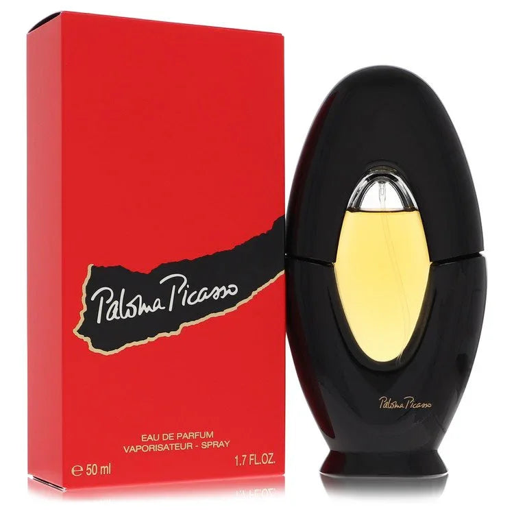 Black perfume bottle with yellow liquid and red box featuring 'Paloma Picasso' branding on a white background.