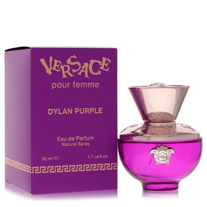 Versace Dylan Purple perfume bottle and packaging on a white background