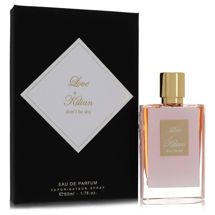 Kilian Love Don't Be Shy Eau de Parfum iconic white and gold luxury bottle with elegant textured side details, an intoxicatingly sweet and sensual floral gourmand fragrance for women.