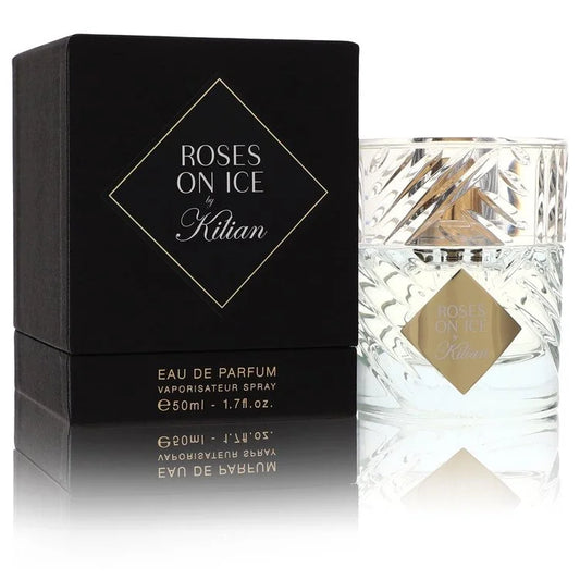 Roses On Ice perfume bottle by Kilian Paris — Cool floral chypre fragrance with aldehydes, bergamot, lemon, rose, iris, violet, musk, amberwood, sandalwood, and vetiver notes
