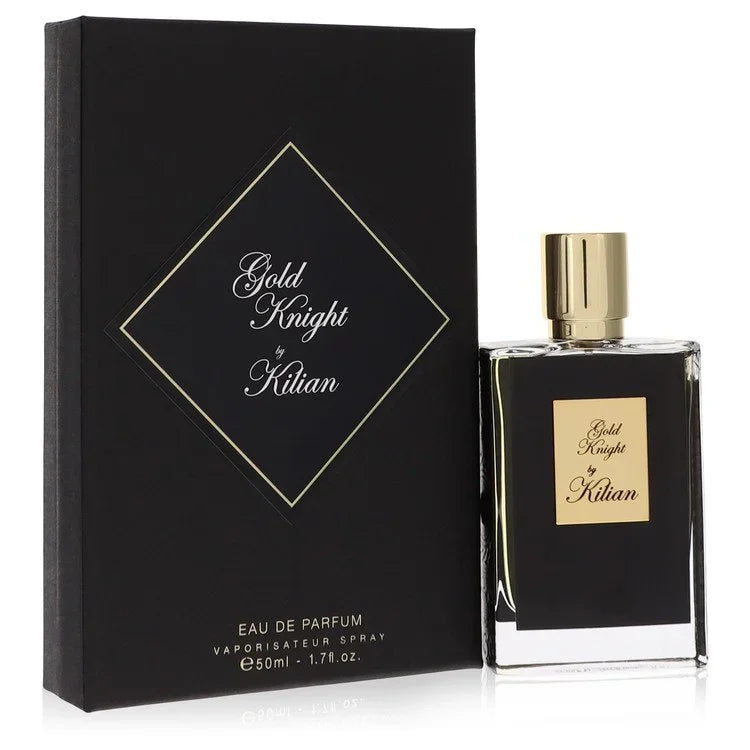 Perfume bottle and packaging of 'Gold Knight by Kilian' on a white background