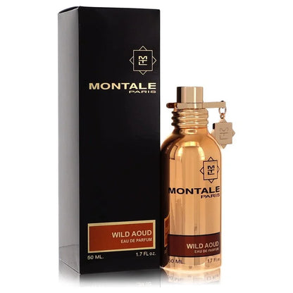 Montale Wild Aoud Eau de Parfum signature luxury lightweight security aluminum canister flacon showcasing its high-gloss reflective fluid boundaries, styled with a clean vertical typographic label layout, and topped with a unique signature mechanical clip safety lock detail against a solid backdrop