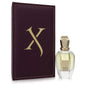 Perfume bottle with a matching purple case featuring a gold 'X' on a white background