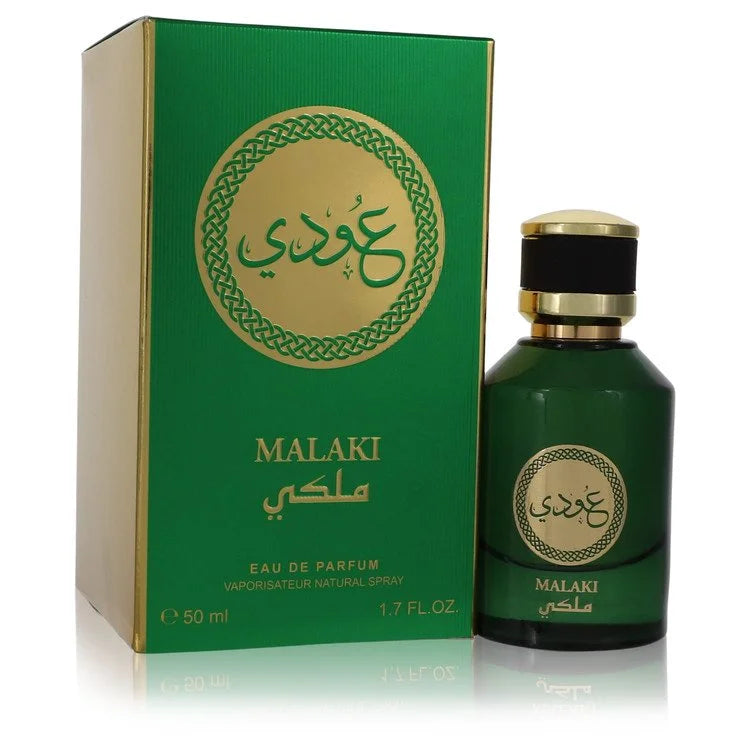 Green Malaki perfume bottle and packaging on a white background