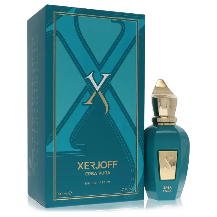 Xerjoff Erba Pura Perfume bottle and packaging, featuring elegant teal design for a unisex oriental fragrance with citrus and musk notes.