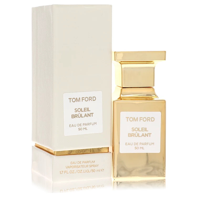 Tom Ford Soleil Brulant perfume bottle — amber floral unisex fragrance with pink pepper, mandarin orange, black honey, orange blossom, resin, amber, frankincense, and leather notes