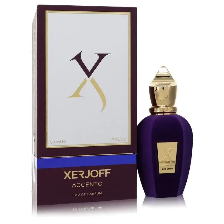 Xerjoff Accento Perfume bottle and box, showcasing a luxurious chypre floral fragrance with notes of jasmine, patchouli, and vanilla.