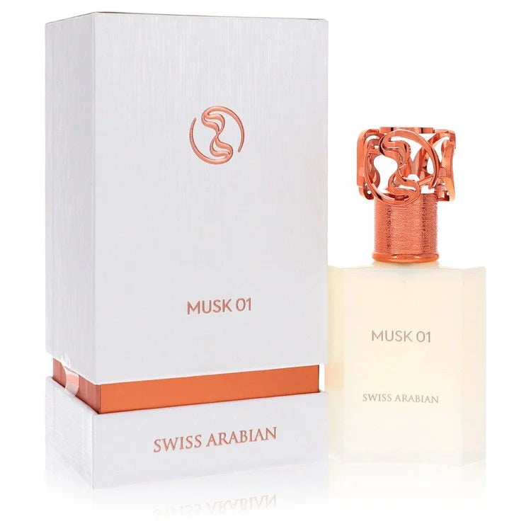 Swiss Arabian Musk 01 perfume bottle and packaging on a white background