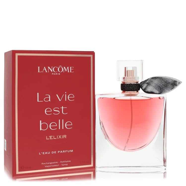 Lancème La vie est belle L'Elélixir perfume bottle and packaging on a white background