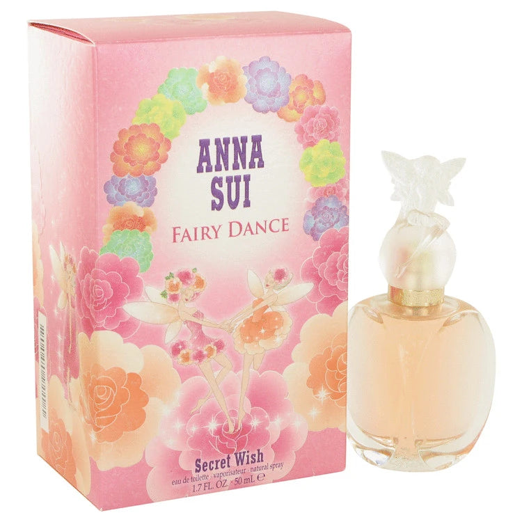 Anna Sui Secret Wish Fairy Dance Eau de Toilette bottle — whimsical fruity floral women's perfume with raspberry, mango, pink pepper, rose, peony, bamboo, sandalwood, vanilla, and vetiver notes.