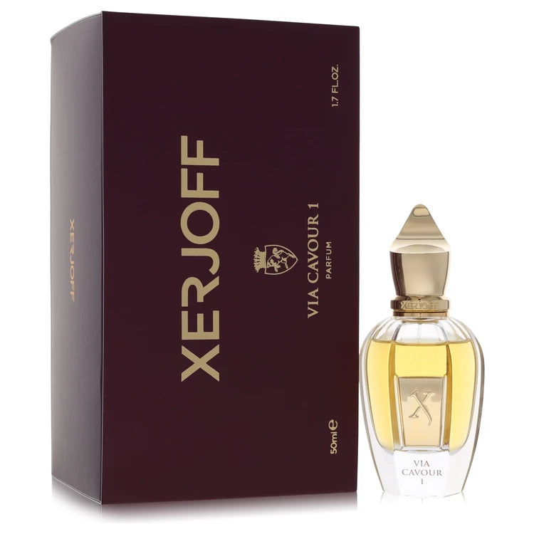 Xerjoff Via Cavour 1 Eau de Parfum bottle - Italian niche oriental woody fragrance with bergamot, lemon, pink pepper, rose, jasmine, oud, sandalwood, amber, musk, and vanilla