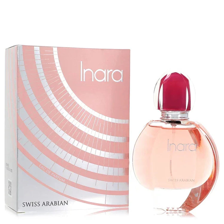 Swiss Arabian Inara Perfume signature luxury glass flacon displaying its premium golden fluid contours, precise typographical branding boundaries, accented with radiant gold metallic geometry, and topped with an elegant clear crystal capping architecture detail against a solid backdrop