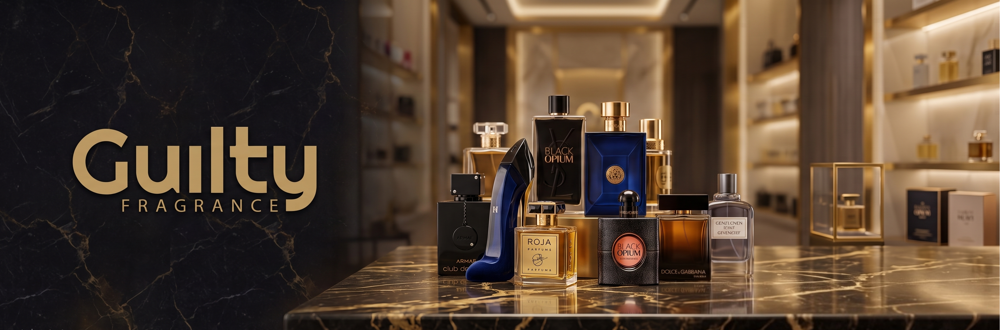 A collection of luxury men's fragrances in dark glass bottles with gold and blue accents, arranged on a polished dark marble counter next to a black marble wall panel featuring the text 'Guilty Fragrance'.