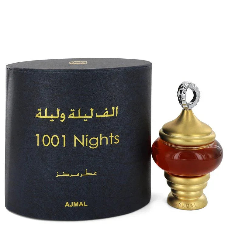 AJMAL 1001 Nights perfume bottle and packaging on a white background