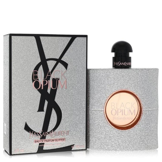 Yves Saint Laurent Black Opium Glitter Edition bottle — luxury women's gourmand fragrance featuring unique notes of roasted coffee, orange blossom, and marshmallow