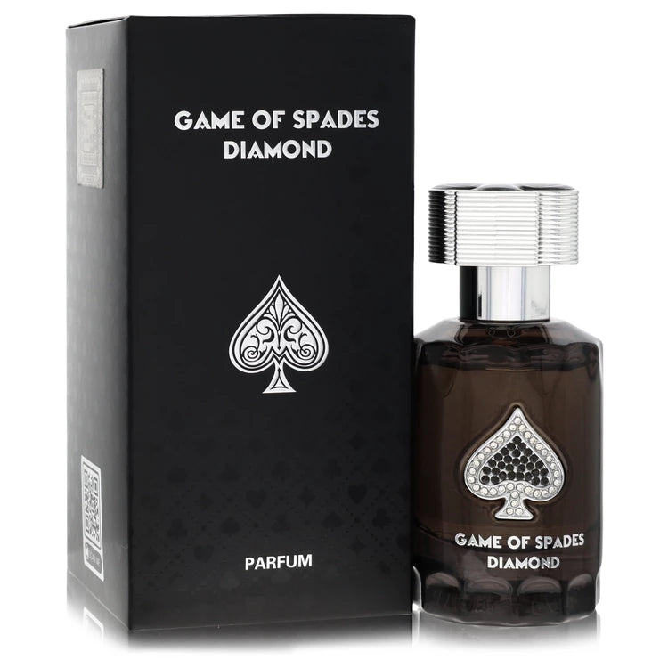 Jo Milano Game of Spades Diamond Parfum bottle — luxury warm spicy woody amber gourmand unisex perfume with cognac, black pepper, orange, cinnamon, tonka bean, oak, amber, sandalwood, vanilla, and praline notes.