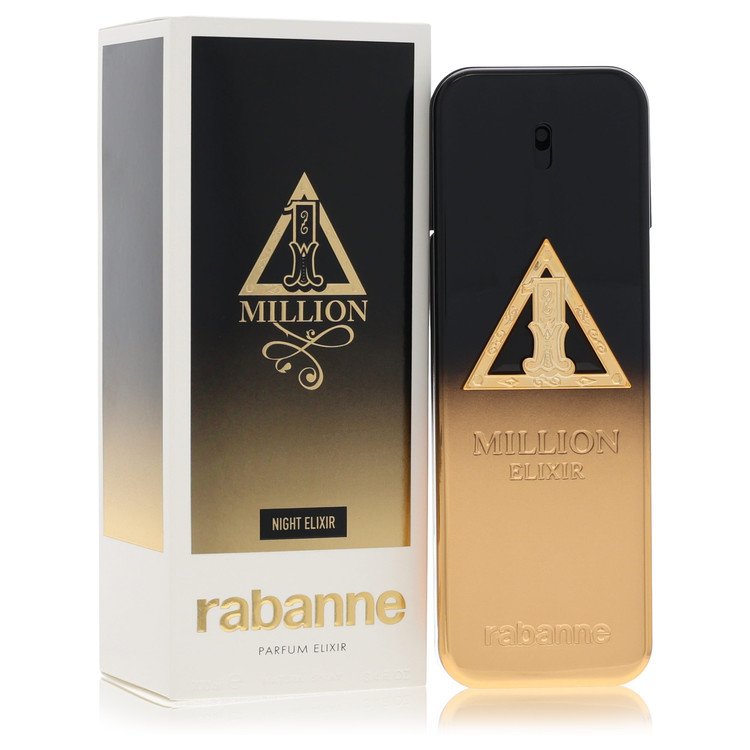 3.4 oz Rabanne 1 Million Night Elixir Parfum bottle — amber woody men's fragrance with mandarin, maple syrup accord, cinnamon, lavandin, rum, amber, and patchouli notes.