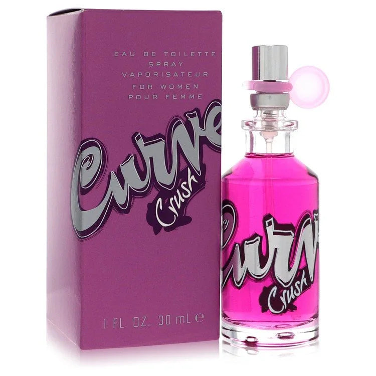 Pink perfume bottle with 'Curve' branding next to its packaging on a white background