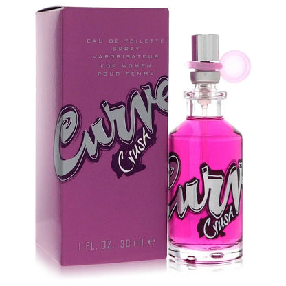 Pink perfume bottle with 'Curve' branding next to its packaging on a white background