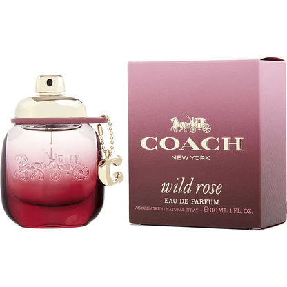 Coach Wild Rose women's EDP bottle showing floral fruity fragrance notes bergamot redcurrant rose jasmine ambroxan crystal moss
