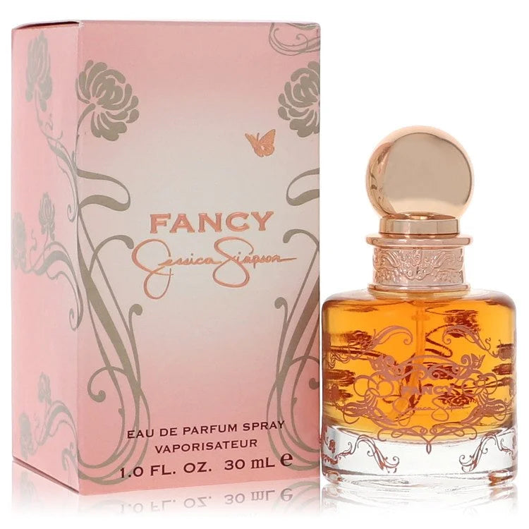 Perfume bottle and packaging of 'Fancy' by Jessica Simpson on a white background