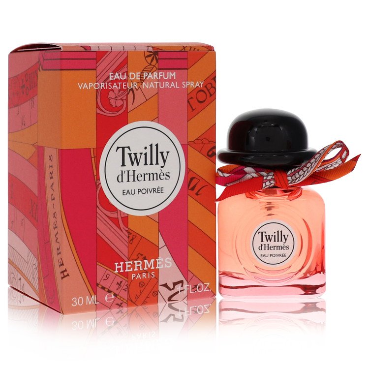 Hermes Twilly d'Hermes Eau Poivrée perfume bottle and packaging on a white background