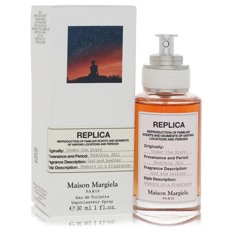 1 oz Maison Margiela Replica Under the Stars Eau de Toilette for Men and Women bottle - Unisex woody amber spicy fragrance with black pepper, bergamot, clary sage, incense, labdanum, cedarwood, amber, leather accord, and musk