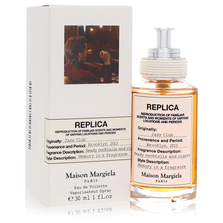 Maison Margiela Replica Jazz Club Eau de Toilette bottle — premium luxury unisex oriental woody fragrance featuring unique notes of pink pepper, rum, and tobacco leaf
