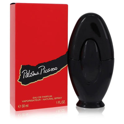 Black perfume bottle and red box with 'Paloma Picasso' branding on a white background