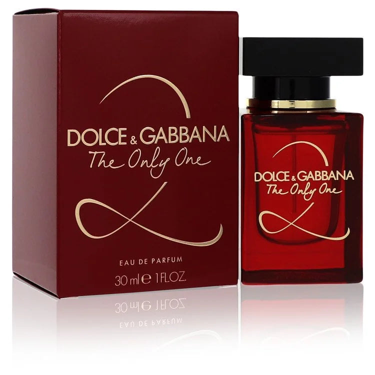 Dolce & Gabbana The Only One 2 Eau de Parfum signature ruby-red faceted glass bottle highlighting the rich, seductive perfume liquid inside, resting on a clean background