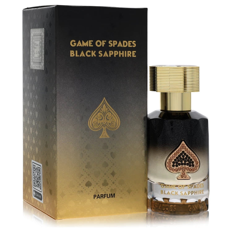 Jo Milano Game of Spades Black Sapphire Parfum bottle - unisex woody floral musk fragrance with pear, orange blossom, musk, and cedar