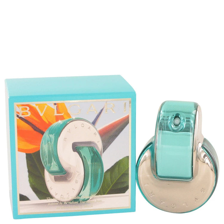 Bvlgari Omnia Paraiba Eau de Toilette turquoise infinity bottle — luxury women's tropical floral fruity fragrance featuring unique notes of passionfruit and cacao bean