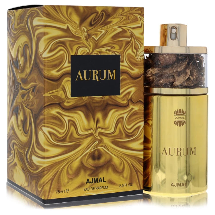AJMAL Aurum perfume bottle and packaging with gold and black design.