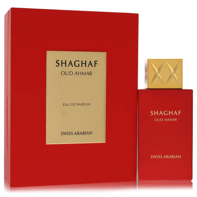 Swiss Arabian Shaghaf Oud Ahmar Eau de Parfum bottle in rich red glass — exotic oriental woody fragrance with saffron, oud, and vanilla.